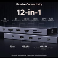 Dokovacia stanica UGREEN s podporou troch displejov – 2× HDMI 4K@60Hz, DisplayPort 4K@120Hz, 10Gbps USB-C, USB-A, čítačka SD/TF kariet, LAN, audio, 100W PD, pre ThinkPad X1, HP Envy 17, XPS 15 2