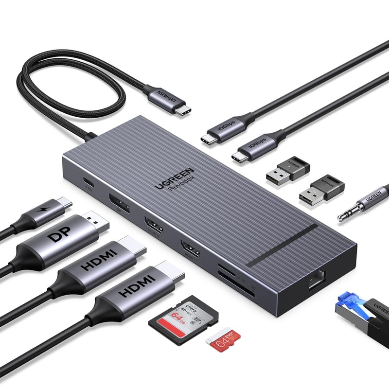 Dokovacia stanica UGREEN s podporou troch displejov – 2× HDMI 4K@60Hz, DisplayPort 4K@120Hz, 10Gbps USB-C, USB-A, čítačka SD/TF kariet, LAN, audio, 100W PD, pre ThinkPad X1, HP Envy 17, XPS 15