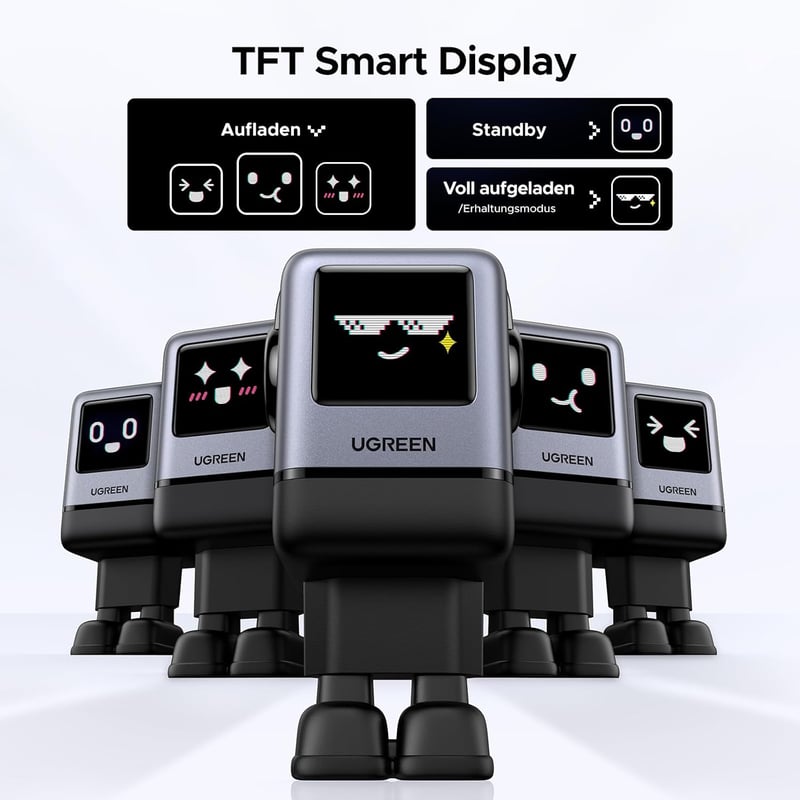 UGREEN UNO 100W GaN USB-C Töltő 4 Portos LED Kijelzővel - Robot Dizájn MacBook, iPad, iPhone, Galaxy Készülékekhez (Fekete)
