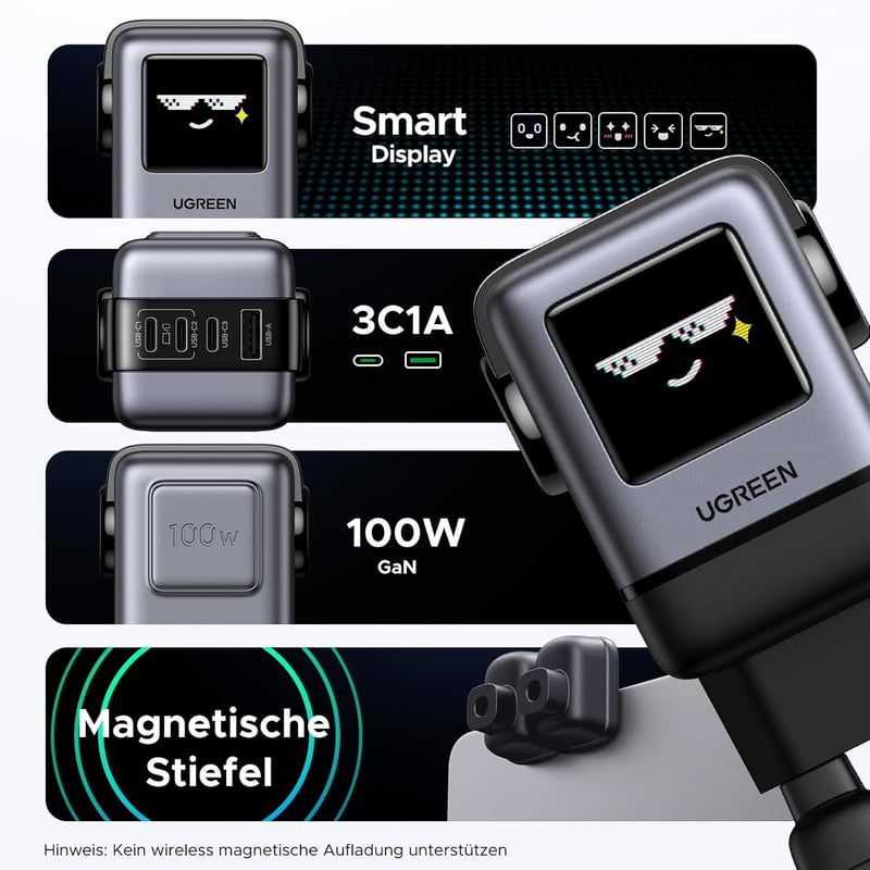 UGREEN UNO 100W GaN USB-C Töltő 4 Portos LED Kijelzővel - Robot Dizájn MacBook, iPad, iPhone, Galaxy Készülékekhez (Fekete)