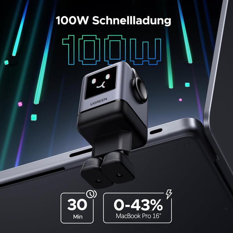 UGREEN UNO 100W GaN USB-C Töltő 4 Portos LED Kijelzővel - Robot Dizájn MacBook, iPad, iPhone, Galaxy Készülékekhez (Fekete)