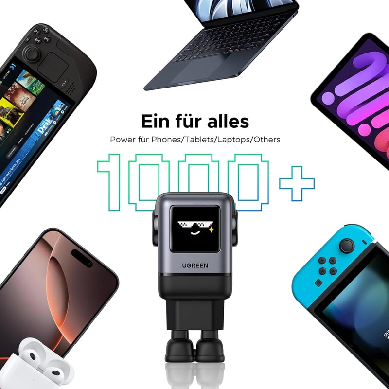 UGREEN UNO 100W GaN USB-C Töltő 4 Portos LED Kijelzővel - Robot Dizájn MacBook, iPad, iPhone, Galaxy Készülékekhez (Fekete)