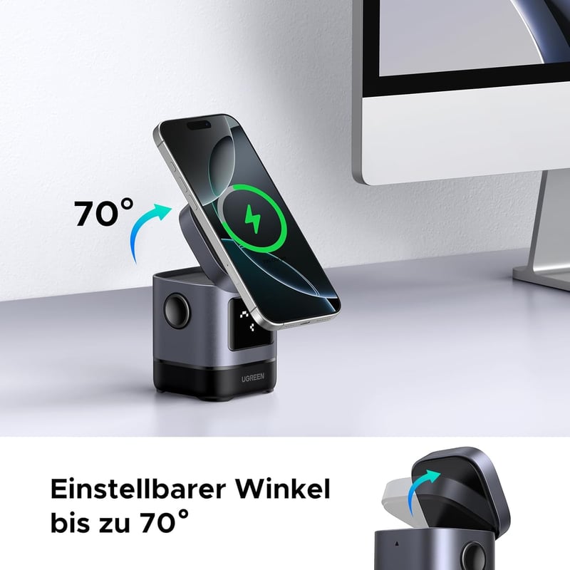 UGREEN UNO Qi2 2-in-1 Töltőállomás, 15W MagSafe Kompatibilis Vezeték Nélküli Töltő iPhone 17/16/15/14/13 és AirPods Készülékekhez, Állítható