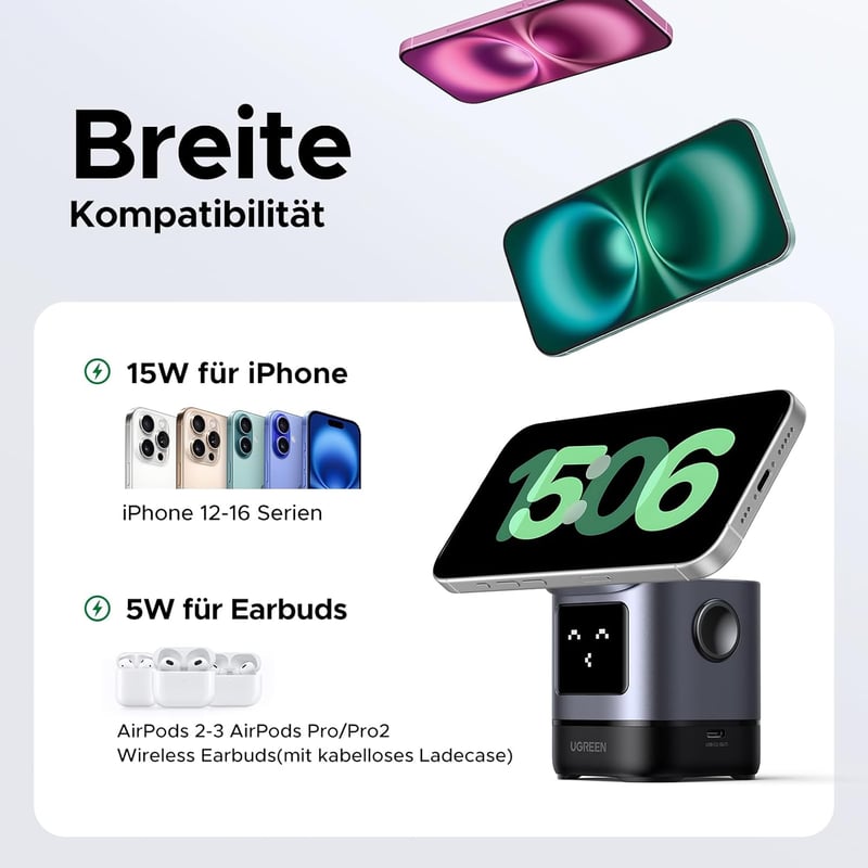 UGREEN UNO Qi2 2-in-1 Töltőállomás, 15W MagSafe Kompatibilis Vezeték Nélküli Töltő iPhone 17/16/15/14/13 és AirPods Készülékekhez, Állítható