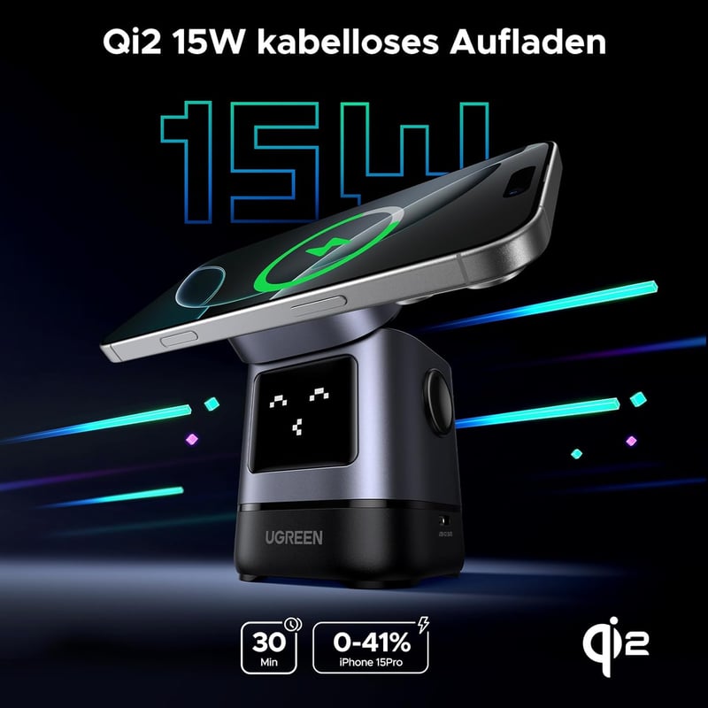 UGREEN UNO Qi2 2-in-1 Töltőállomás, 15W MagSafe Kompatibilis Vezeték Nélküli Töltő iPhone 17/16/15/14/13 és AirPods Készülékekhez, Állítható