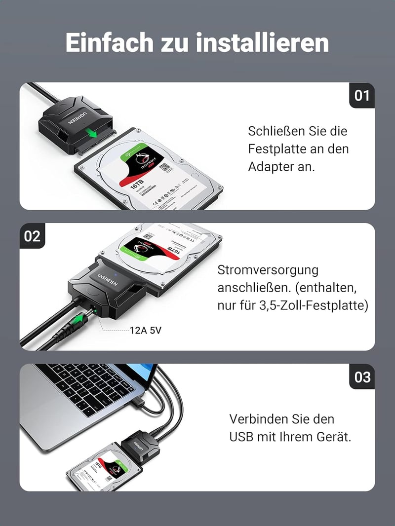 UGREEN USB 3.0 SATA Adapter Kábel 2,5"/3,5" HDD/SSD Meghajtókhoz - 5 Gbps Adatátvitel, 20TB Kapacitás, PC/PS4/Xbox Kompatibilis