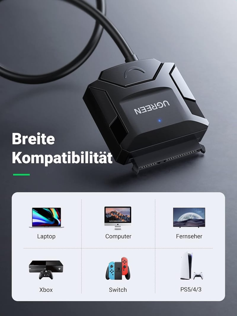UGREEN USB 3.0 SATA Adapter Kábel 2,5"/3,5" HDD/SSD Meghajtókhoz - 5 Gbps Adatátvitel, 20TB Kapacitás, PC/PS4/Xbox Kompatibilis