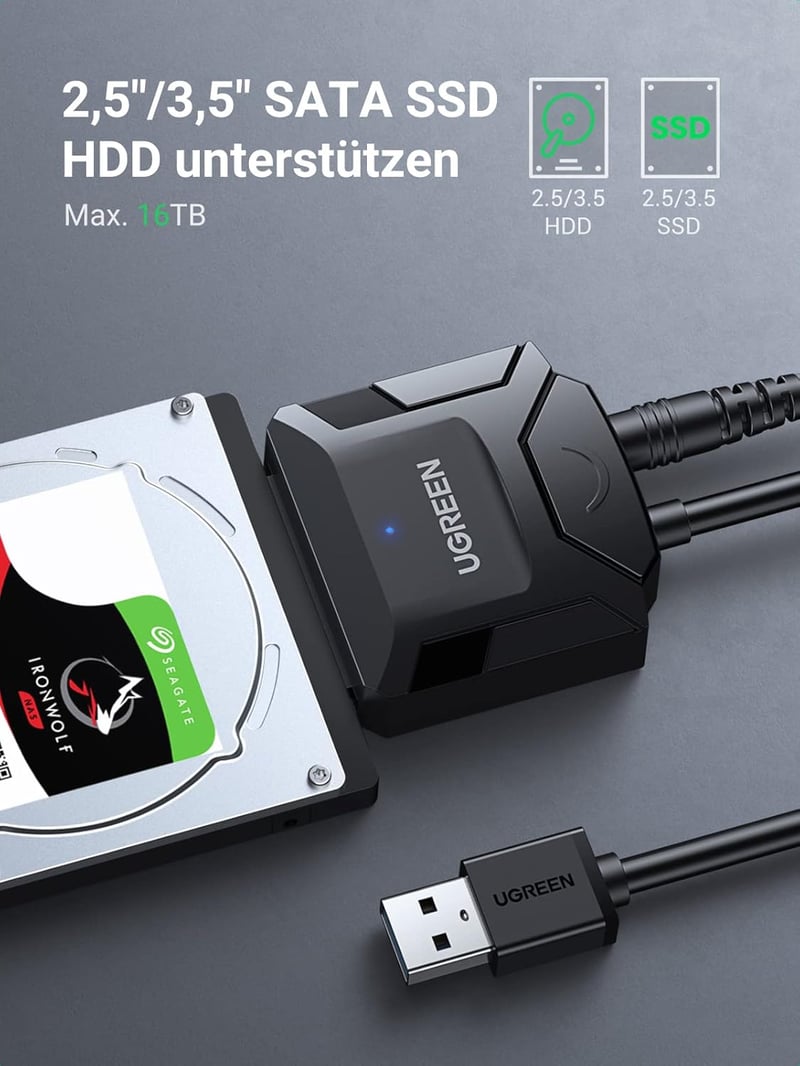 UGREEN USB 3.0 SATA Adapter Kábel 2,5"/3,5" HDD/SSD Meghajtókhoz - 5 Gbps Adatátvitel, 20TB Kapacitás, PC/PS4/Xbox Kompatibilis