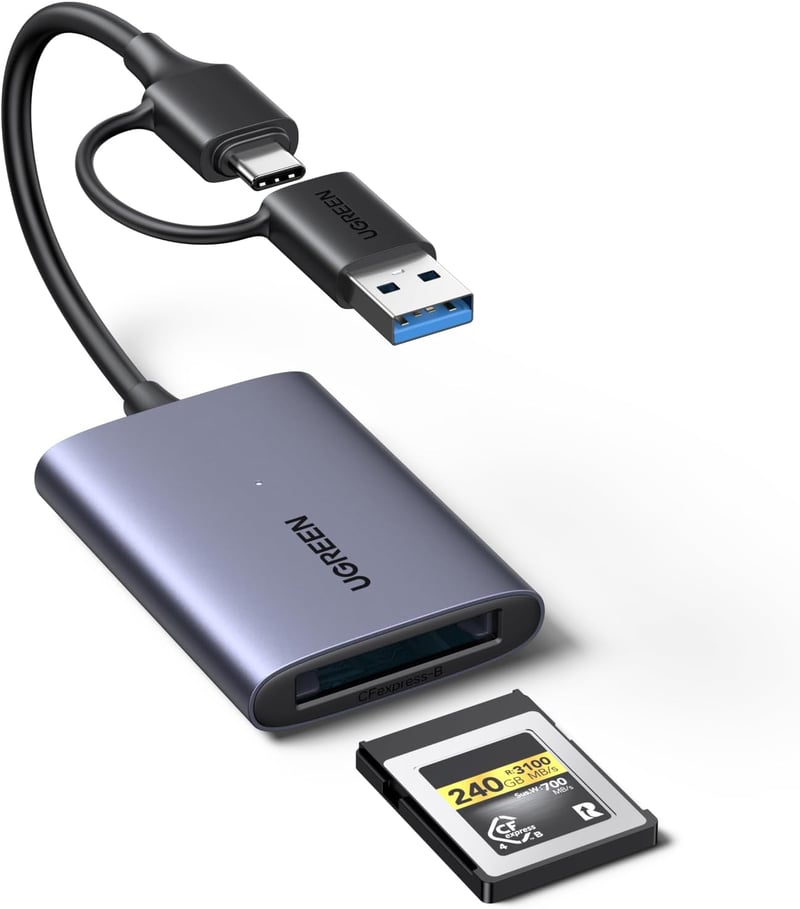 Cititor de carduri UGREEN USB C CFexpress Type B cu porturi USB A și USB C, 10 Gbps, până la 1250 MB/s, carcasă din aluminiu, pentru video 8K, Mac, Windows, Linux, laptop