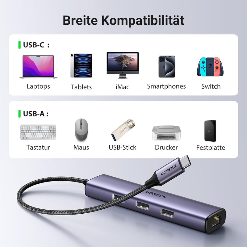 UGREEN USB C Ethernet Adapter 3 USB Porttal - Hálózati Adapter iPhone 15, Galaxy S24, MacBook, iPad Pro, Surface és Steam Deck Eszközökhöz