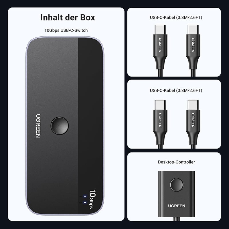 UGREEN USB-C kapcsoló 2 az 4-hez 10Gbps USB 3.2 alumínium ház asztali vezérlővel 2 USB-C to C kábellel billentyűzet egér nyomtató pendrive