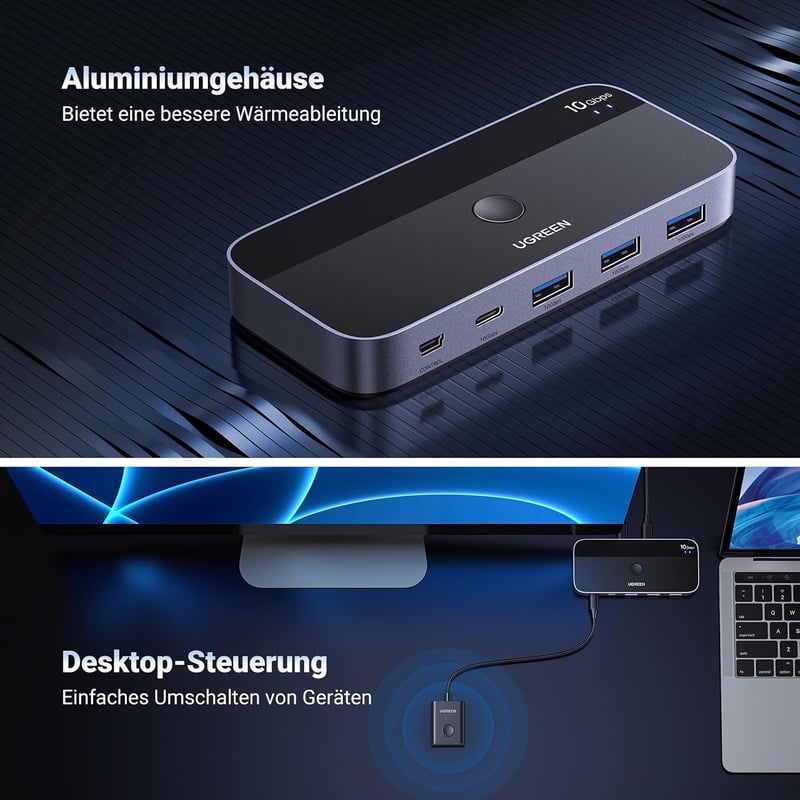 UGREEN USB-C kapcsoló 2 az 4-hez 10Gbps USB 3.2 alumínium ház asztali vezérlővel 2 USB-C to C kábellel billentyűzet egér nyomtató pendrive