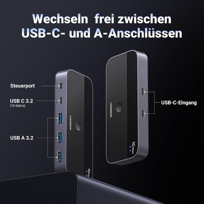 UGREEN USB-C kapcsoló 2 az 4-hez 10Gbps USB 3.2 alumínium ház asztali vezérlővel 2 USB-C to C kábellel billentyűzet egér nyomtató pendrive