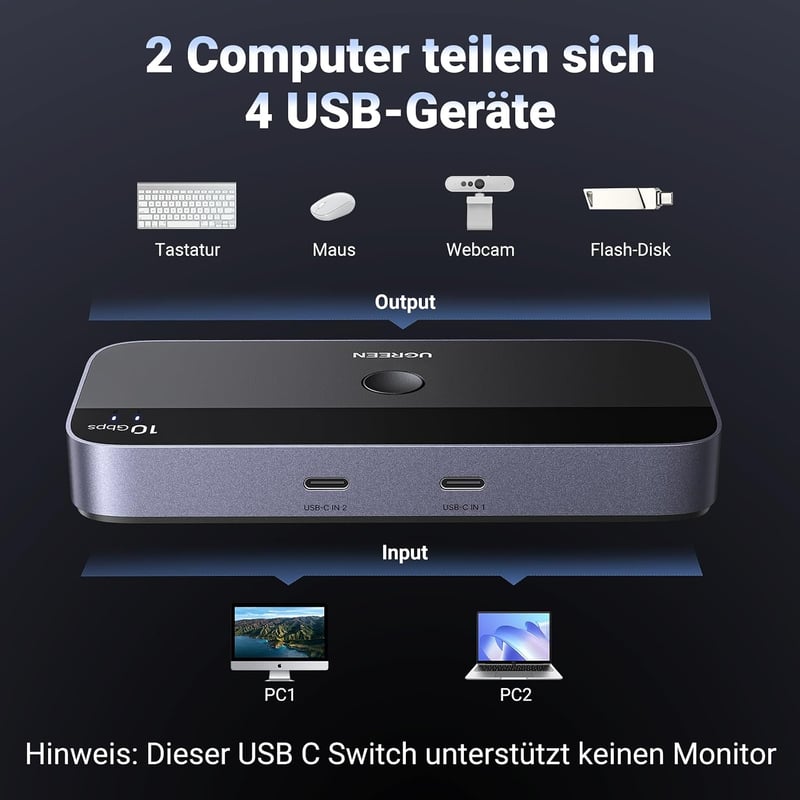 UGREEN USB-C kapcsoló 2 az 4-hez 10Gbps USB 3.2 alumínium ház asztali vezérlővel 2 USB-C to C kábellel billentyűzet egér nyomtató pendrive