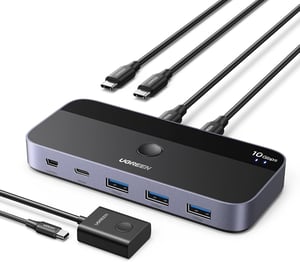 UGREEN USB-C kapcsoló 2 az 4-hez 10Gbps USB 3.2 alumínium ház asztali vezérlővel 2 USB-C to C kábellel billentyűzet egér nyomtató pendrive