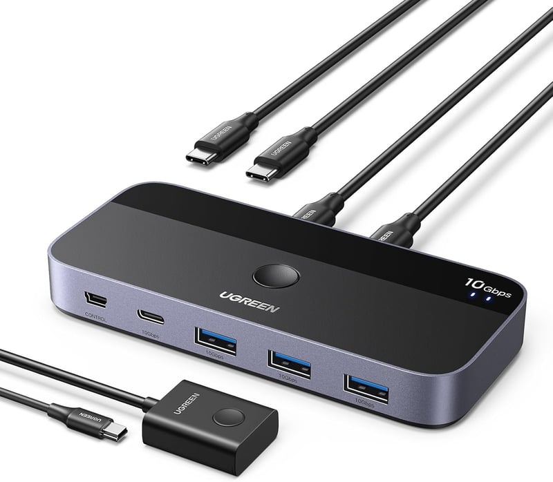 UGREEN USB-C kapcsoló 2 az 4-hez 10Gbps USB 3.2 alumínium ház asztali vezérlővel 2 USB-C to C kábellel billentyűzet egér nyomtató pendrive