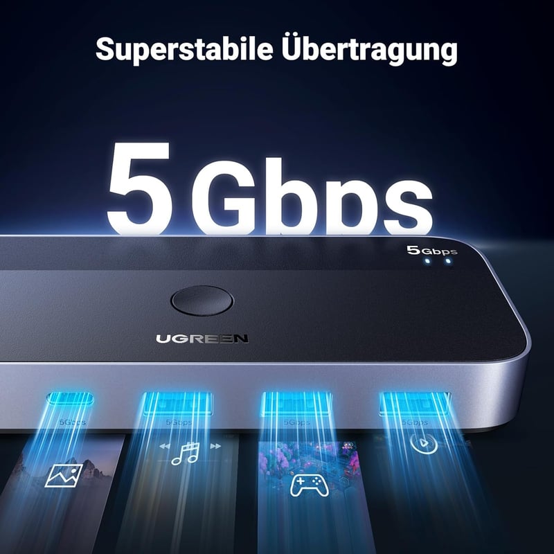 UGREEN USB Switch 2PC 1C3A - Alumínium KVM Kapcsoló 3.0 Portokkal, Asztali Vezérlővel és 2 A-A Kábellel Billentyűzethez, Egérhez