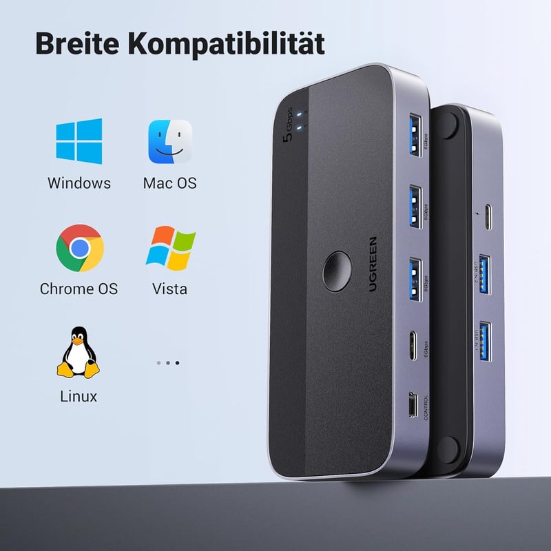 UGREEN USB Switch 2PC 1C3A - Alumínium KVM Kapcsoló 3.0 Portokkal, Asztali Vezérlővel és 2 A-A Kábellel Billentyűzethez, Egérhez
