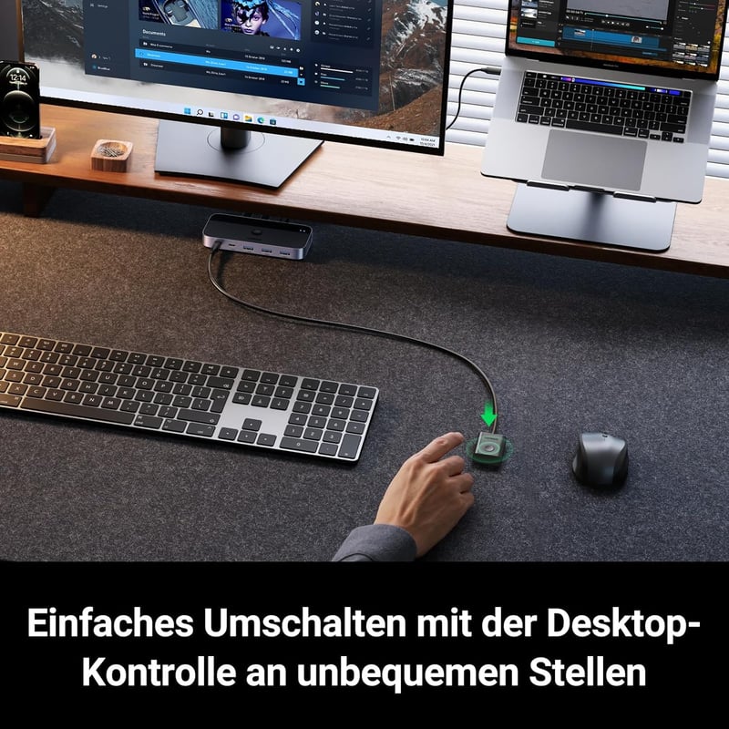 UGREEN USB Switch 2PC 1C3A - Alumínium KVM Kapcsoló 3.0 Portokkal, Asztali Vezérlővel és 2 A-A Kábellel Billentyűzethez, Egérhez