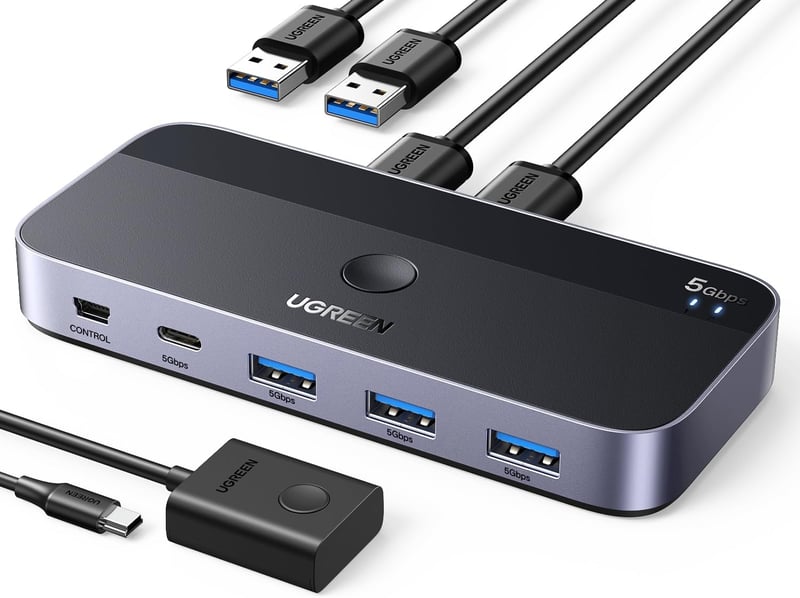UGREEN USB Switch 2PC 1C3A - Alumínium KVM Kapcsoló 3.0 Portokkal, Asztali Vezérlővel és 2 A-A Kábellel Billentyűzethez, Egérhez