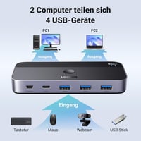 UGREEN USB Switch 2PC 1C3A - Alumínium KVM Kapcsoló 3.0 Portokkal, Asztali Vezérlővel és 2 A-A Kábellel Billentyűzethez, Egérhez 2