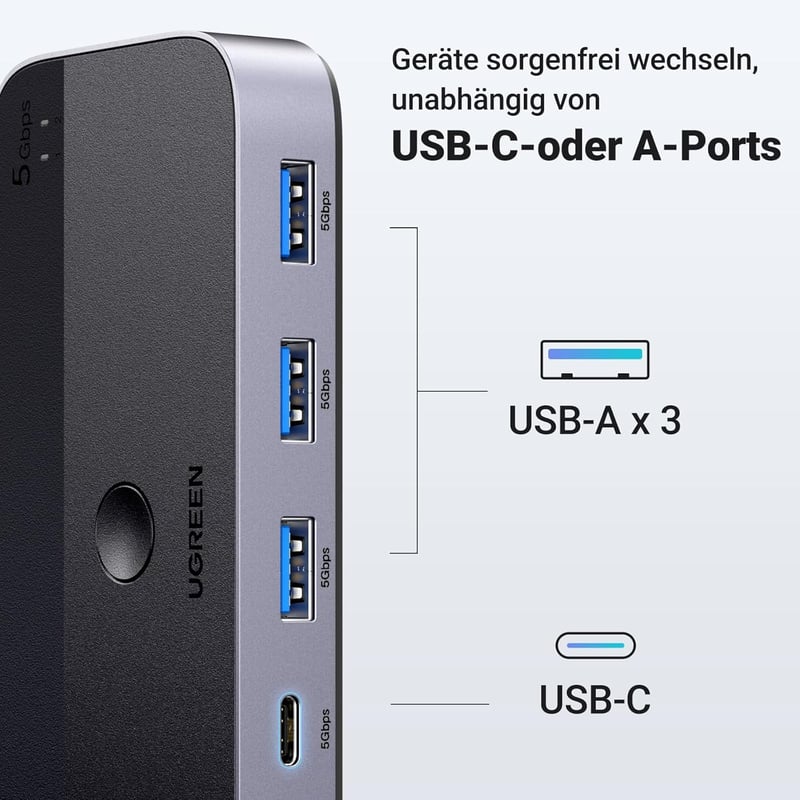 UGREEN USB Switch 2PC 1C3A - Alumínium KVM Kapcsoló 3.0 Portokkal, Asztali Vezérlővel és 2 A-A Kábellel Billentyűzethez, Egérhez