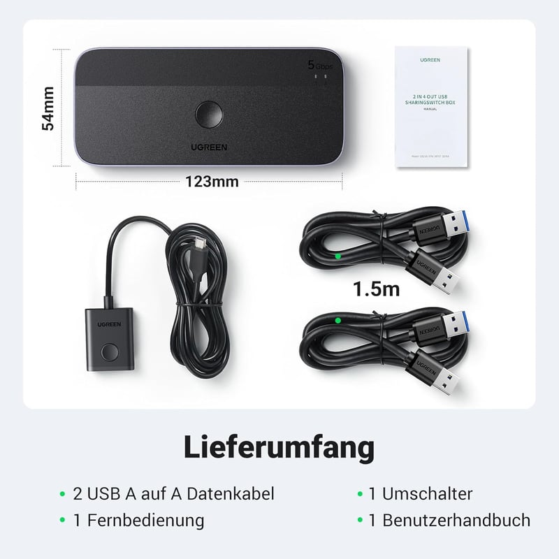 UGREEN USB Switch 2PC 1C3A - Alumínium KVM Kapcsoló 3.0 Portokkal, Asztali Vezérlővel és 2 A-A Kábellel Billentyűzethez, Egérhez