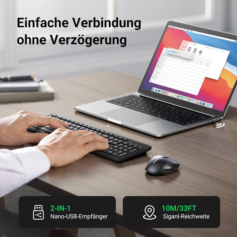 UGREEN Vezeték Nélküli Billentyűzet és Egér Szett, 2.4G Nano USB Vevővel, 4000 DPI, 10m Hatótáv, Gyorsbillentyűkkel, Windows/iOS/Linux/Andro