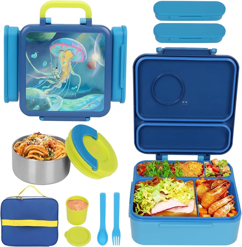 UHAPEER 3az1-ben Gyerek Uzsonnás Doboz Termikus Tállal, BPA-Mentes Bento Box Evőeszközzel