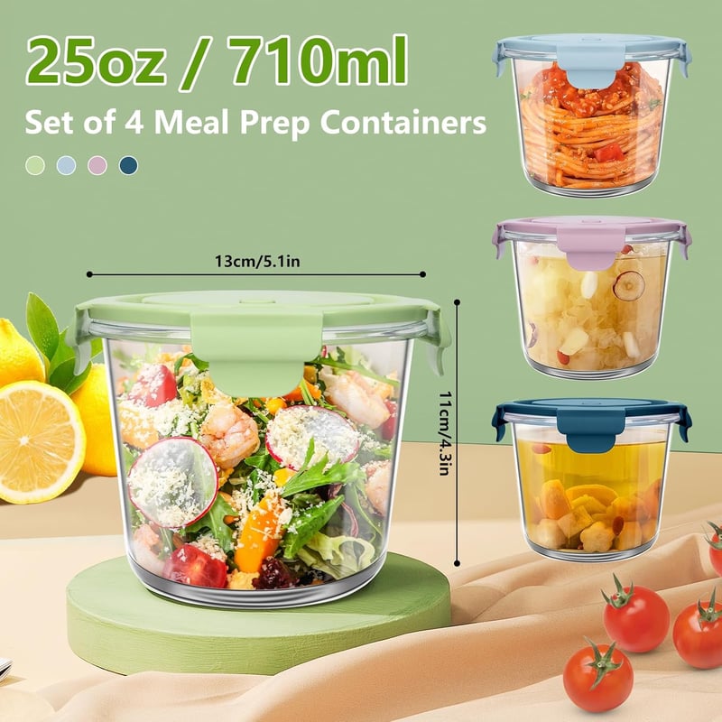 UHAPEER 710ml Üveg Ételtárolók Tetővel, 4 Darabos Szett, Légmentes Ételtartó Edények