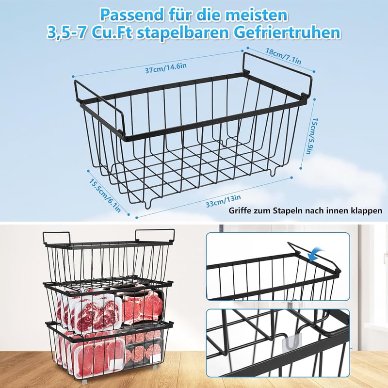 UHAPEER Fagyasztó Rendszerező 6 db Stackable Kosár Fogantyúval Csúszásmentes Alap - Black