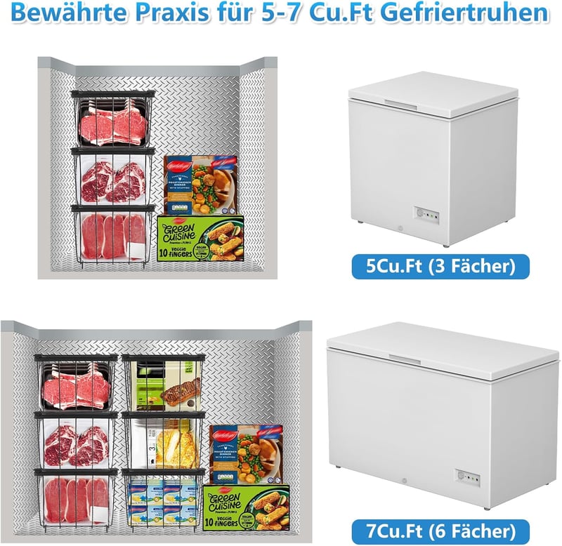 UHAPEER Fagyasztó Rendszerező 6 db Stackable Kosár Fogantyúval Csúszásmentes Alap - Black