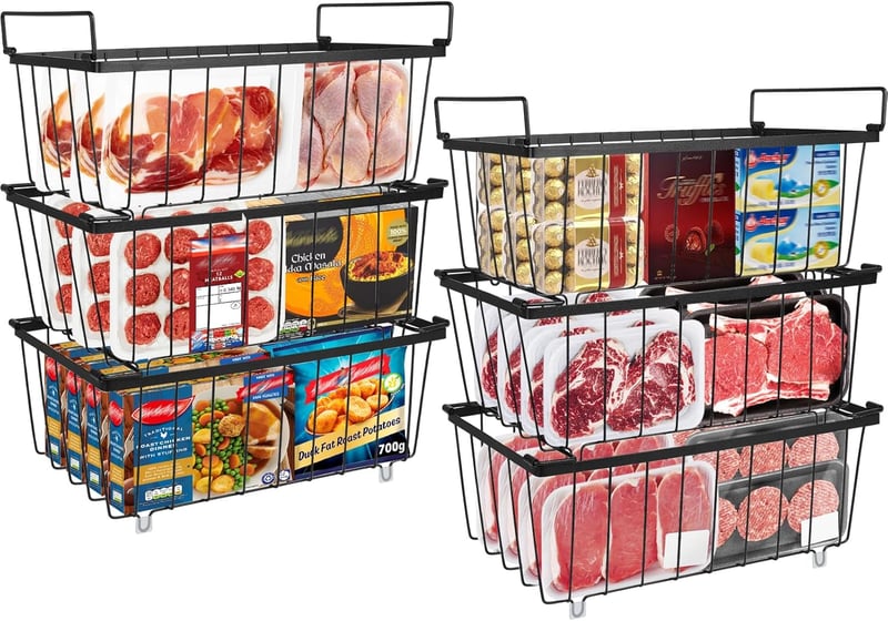 UHAPEER Fagyasztó Rendszerező 6 db Stackable Kosár Fogantyúval Csúszásmentes Alap - Black