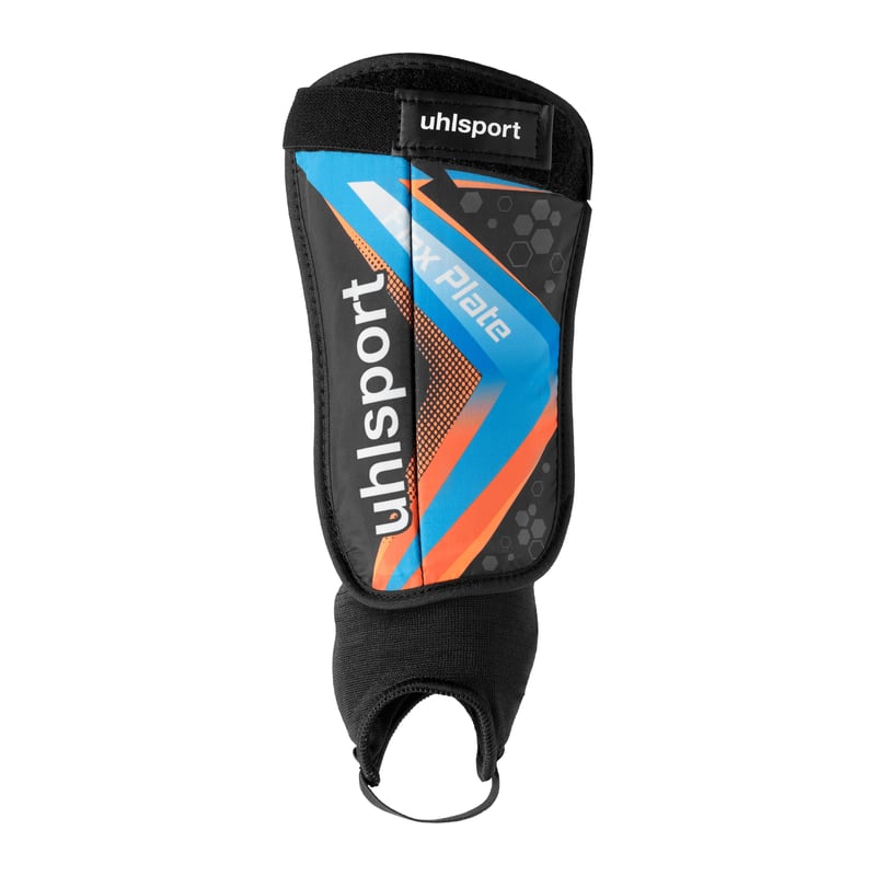 Chrániče holení uhlsport Flex Plate pre deti aj dospelých – veľkosť XXS, čierna/fluo oranžová/tyrkysová, ultraľahké s ochranou členkov, tlmiace nárazy