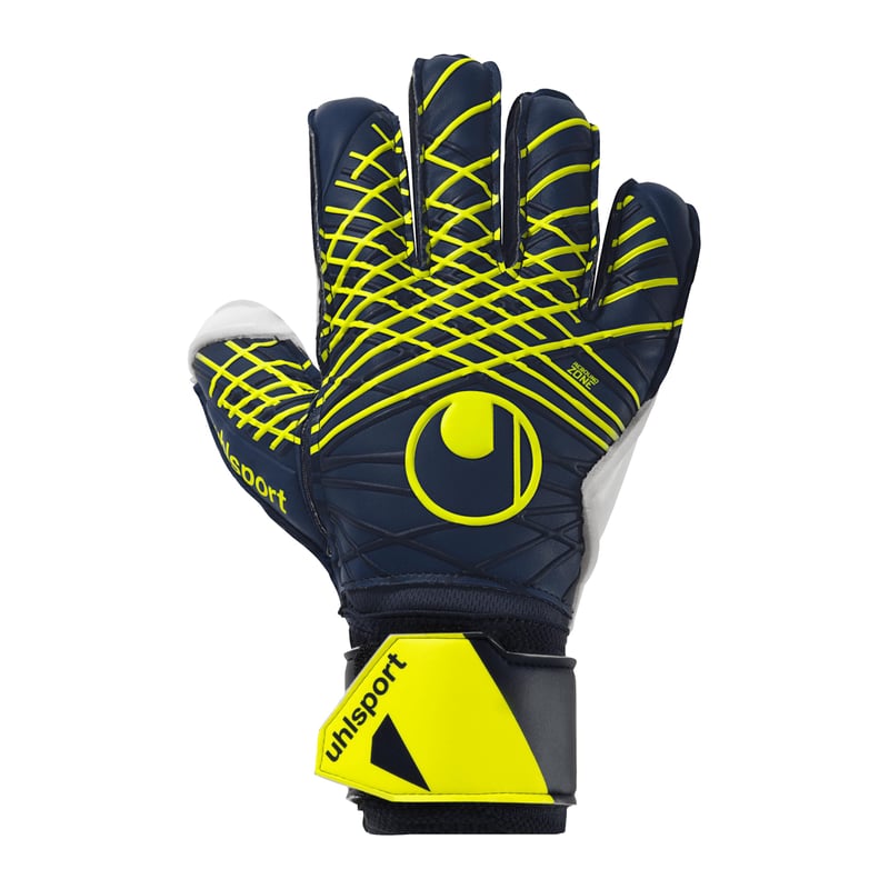 Brankárske rukavice uhlsport Prediction Soft Flex Frame s ochranou prstov – veľkosť 10, námornícka modrá/biela/fluožltá – pre deti aj dospelých