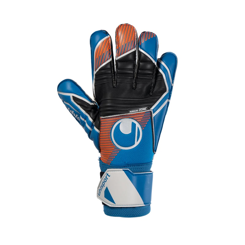 Brankárske rukavice uhlsport Soft Pro pre deti aj dospelých - veľkosť 11, modrá/oranžová/biela, priedušné, so zapínaním na zápästí a vynikajúcou priľnavosťou