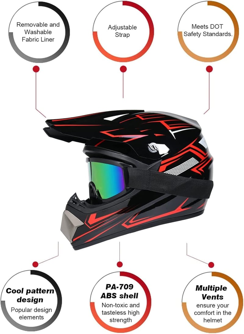 UIGJIOG Downhill Motocross Bukósisak Szett Gyerekeknek és Felnőtteknek - D.O.T Tanúsított, Szemüveggel és Kesztyűvel, 4 Méretű Belső Bélésse