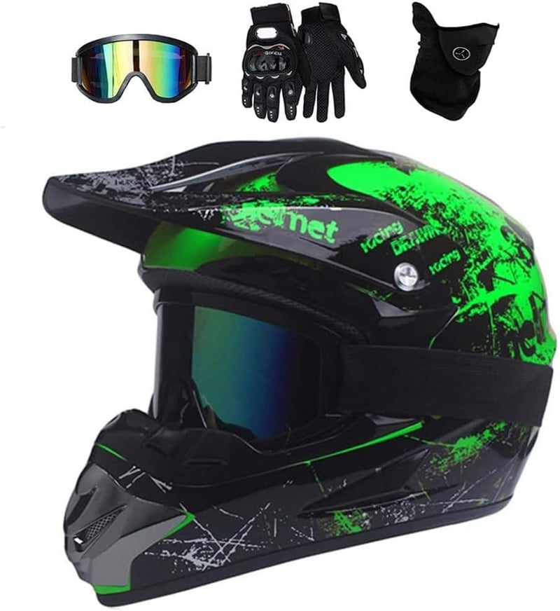 UIGJIOG Gyermek Motocross Bukósisak Szett (S 52-53cm) - Zöld Cross Sisak Szemüveggel, Kesztyűvel és Maszkkal - ATV és Motorkerékpár Védőfels