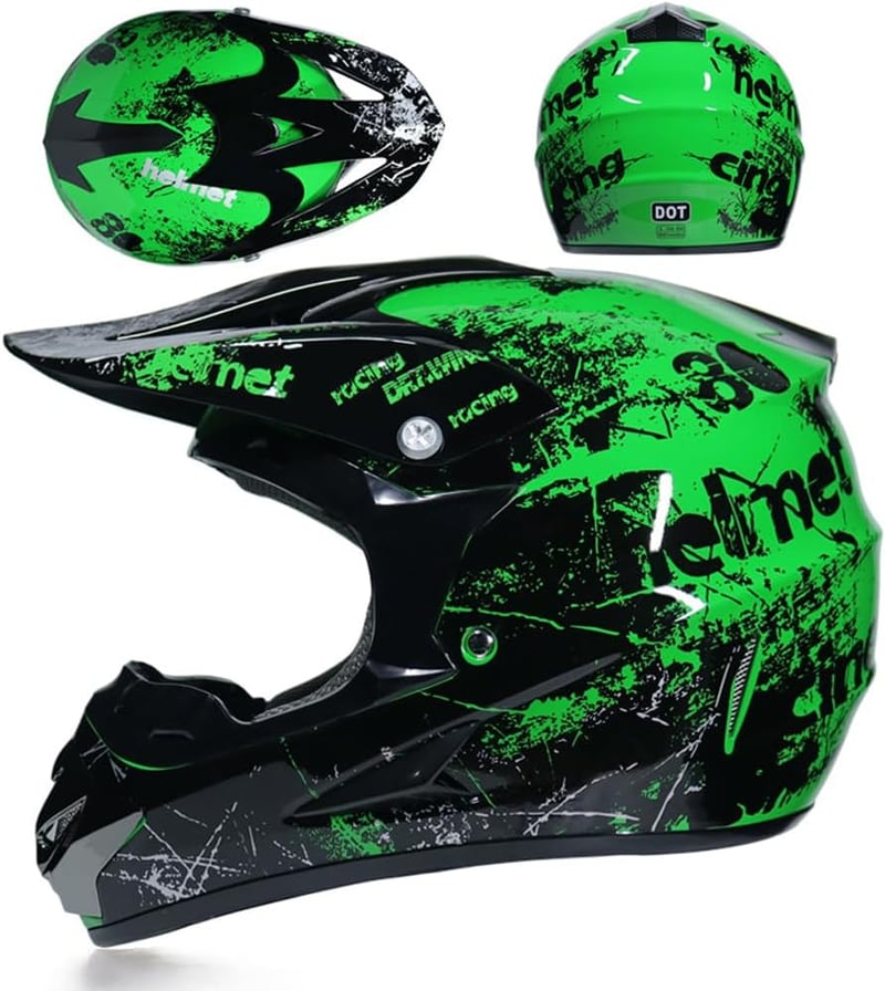 UIGJIOG Gyermek Motocross Bukósisak Szett (S 52-53cm) - Zöld Cross Sisak Szemüveggel, Kesztyűvel és Maszkkal - ATV és Motorkerékpár Védőfels