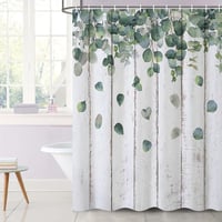 Sprchový záves Uiiooazy 180x220 cm, motív zelené listy eukalyptu a sivý drevený obklad, odolný voči plesniam a vode, polyester, prateľný, vrátane 12 háčikov 2