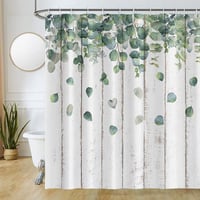 Sprchový záves Uiiooazy 180x220 cm, motív zelené listy eukalyptu a sivý drevený obklad, odolný voči plesniam a vode, polyester, prateľný, vrátane 12 háčikov 1