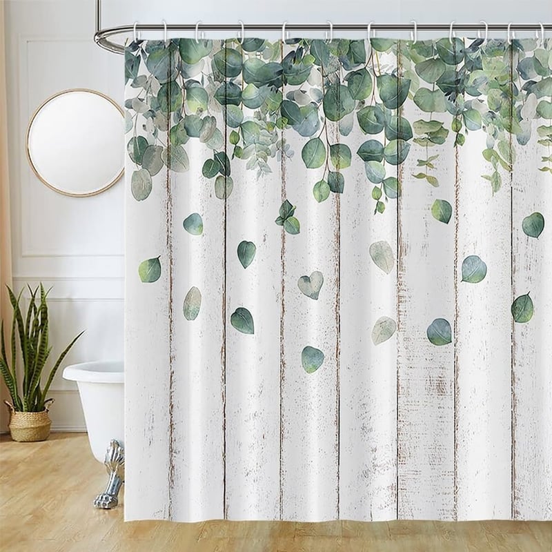 Sprchový záves Uiiooazy 180x220 cm, motív zelené listy eukalyptu a sivý drevený obklad, odolný voči plesniam a vode, polyester, prateľný, vrátane 12 háčikov