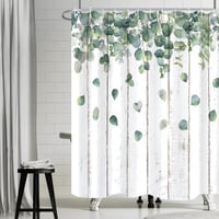 Sprchový záves Uiiooazy 180x220 cm, motív zelené listy eukalyptu a sivý drevený obklad, odolný voči plesniam a vode, polyester, prateľný, vrátane 12 háčikov 3