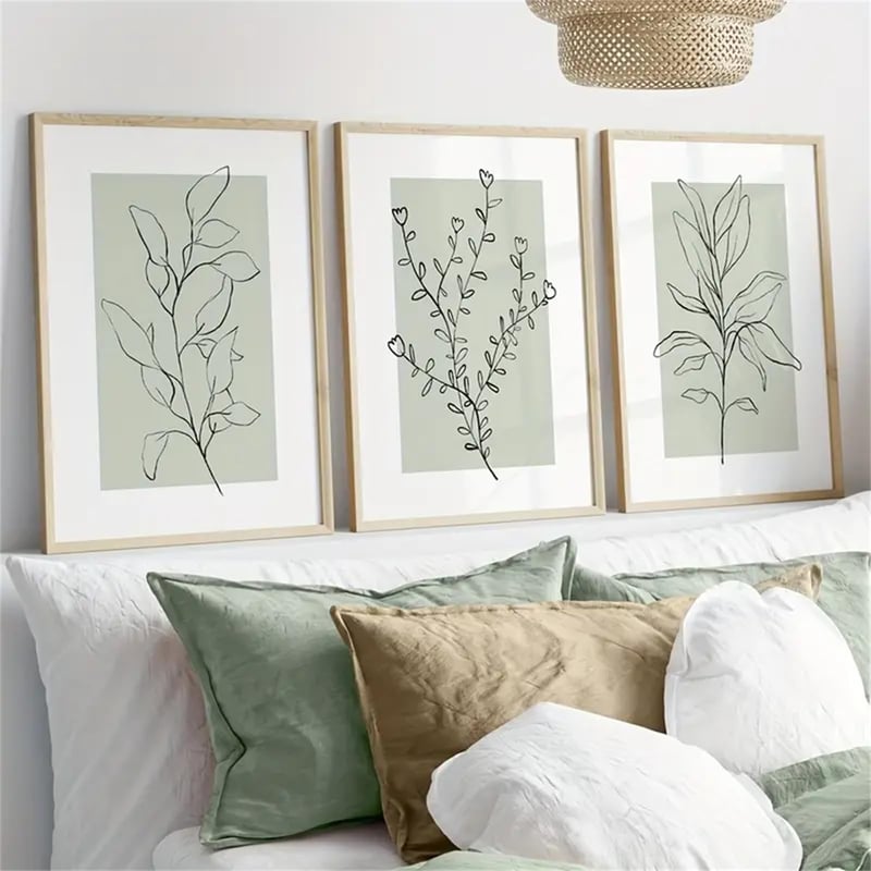 Set 3 postere premium Uixxducc, tablouri de perete abstracte cu plante în nuanțe moderne de verde salvie, decor boho pentru living și dormitor, fără ramă, 50x70 cm