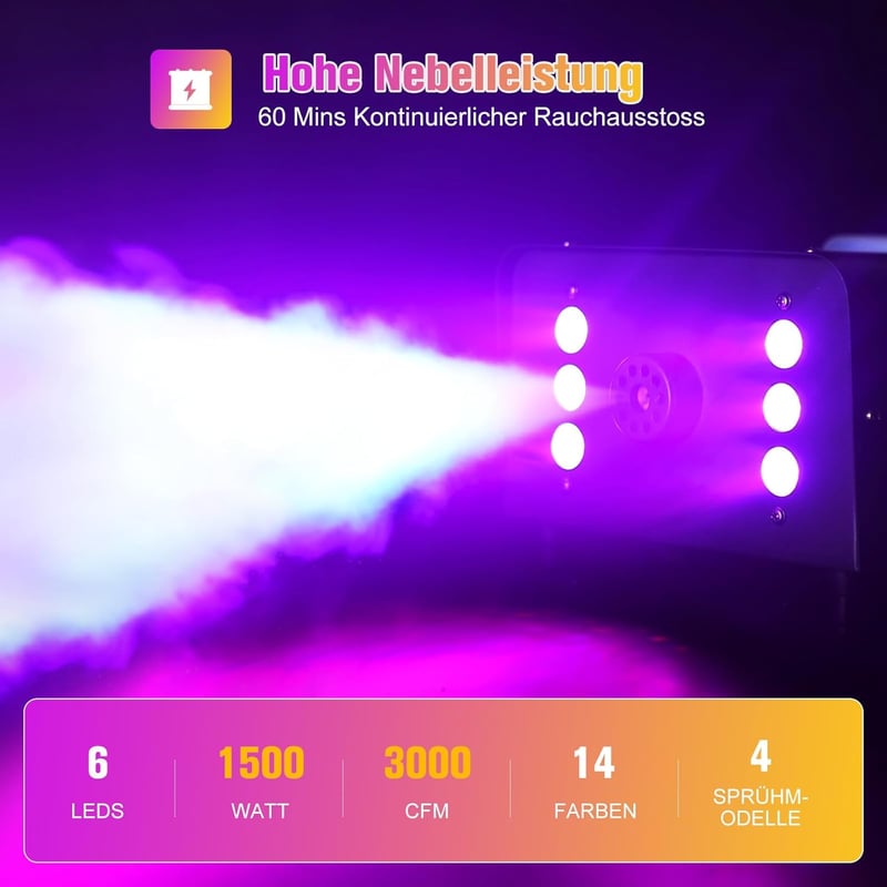 UKing 1500W Ködgép 6 RGB LED Fénnyel, Távirányítós Füstgép 1L Tartállyal Esküvő Buli Színház Halloween Rendezvényekhez