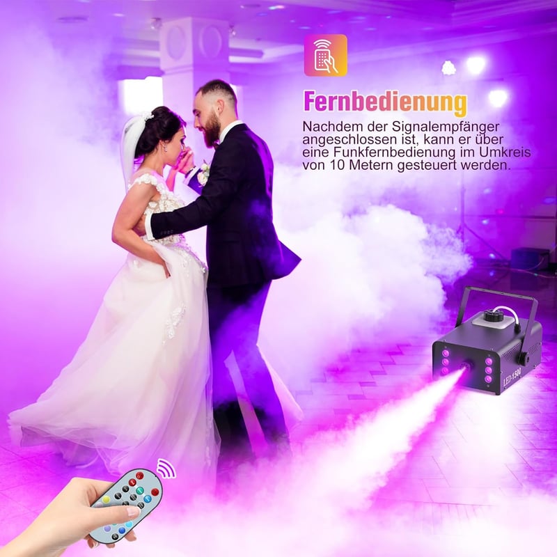 UKing 1500W Ködgép 6 RGB LED Fénnyel, Távirányítós Füstgép 1L Tartállyal Esküvő Buli Színház Halloween Rendezvényekhez