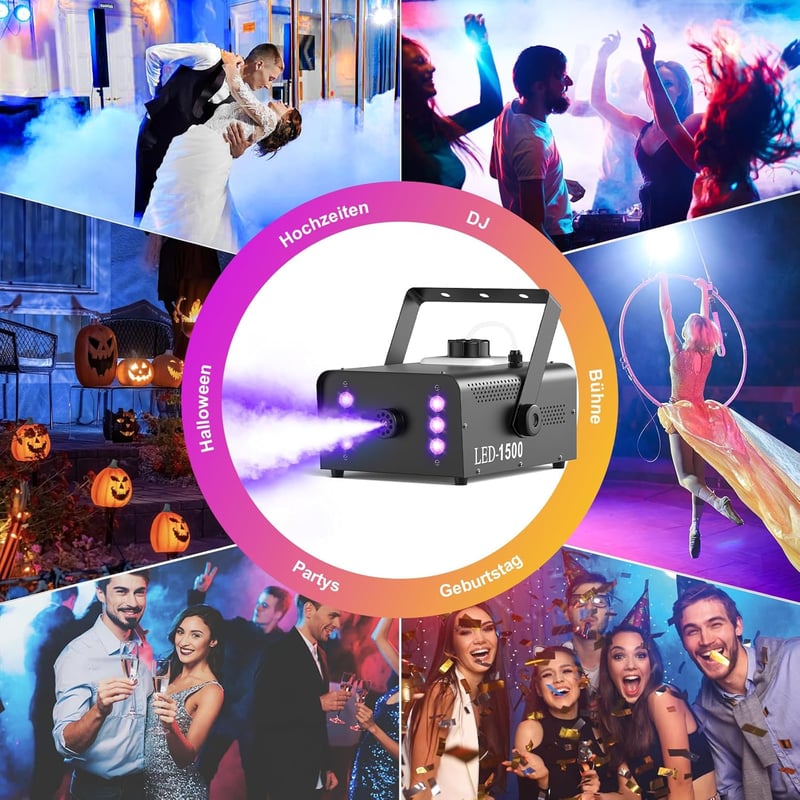 UKing 1500W Ködgép 6 RGB LED Fénnyel, Távirányítós Füstgép 1L Tartállyal Esküvő Buli Színház Halloween Rendezvényekhez
