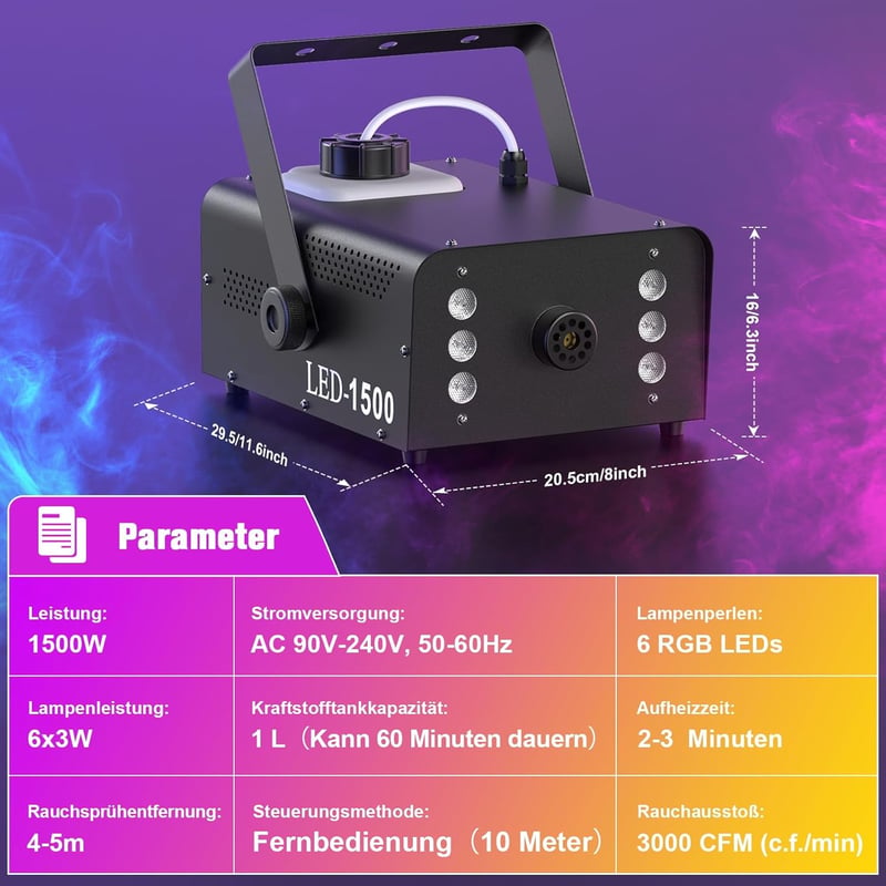UKing 1500W Ködgép 6 RGB LED Fénnyel, Távirányítós Füstgép 1L Tartállyal Esküvő Buli Színház Halloween Rendezvényekhez
