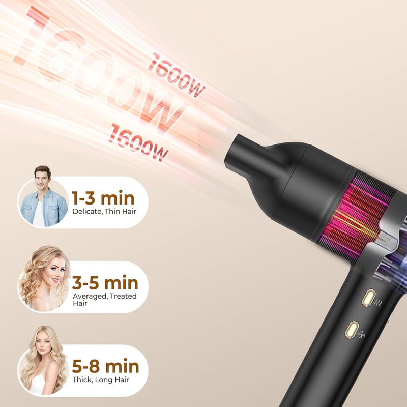 UKLISS Ionos Hajszárító 110000 RPM - Gyorsszárító Diffúzorral, Göndörítő Feltéttel és Légfúvókával, 3 Hőfokozat, 2 Sebesség, Hideg Levegő Fu