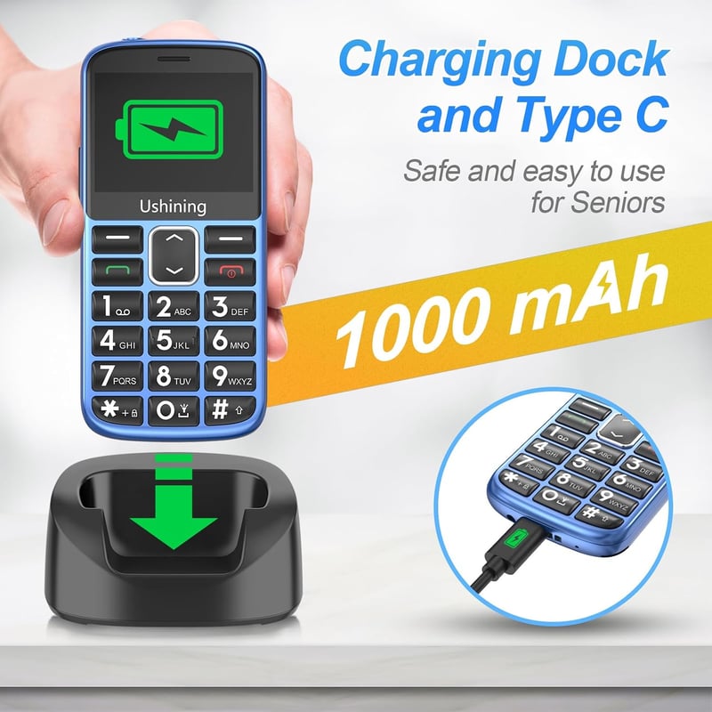 ukuu Nyugdíjas mobiltelefon nagy gombokkal kék, 2.4 hüvelykes színes kijelző, Dual SIM, vészhelyzeti gomb, 1000 mAh, töltőállomás